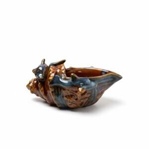 Vintage Ceramic Conch Shell Dolphin Planter Dish Drip Glaze Coastal Decor